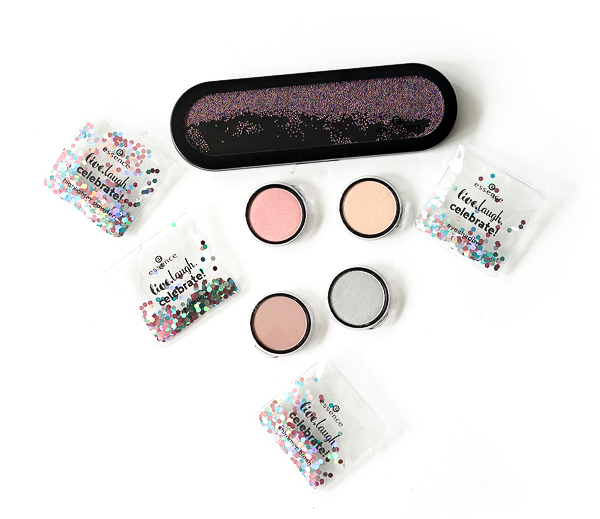 Essence - live.laugh.celebrate eyeshadow 04 und 05, Essence - live.laugh.celebrate highlighting powder 01, Essence - live.laugh.celebrate shimmer blush 01, Essence - live.laugh.celebrate palette 4er