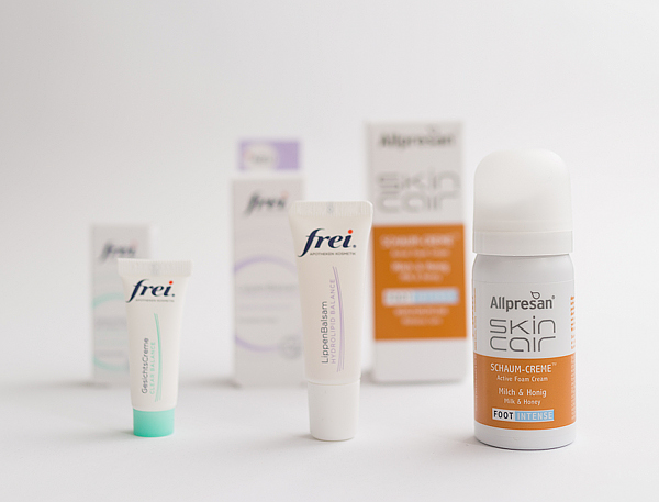 medpex - FREI Hydrolipid Balance LippenBalsam, FREI Clear Balance Gesichtscreme (Pröbchen), ALLPRESAN skincair Milch&Honig Foot intense Schaum 