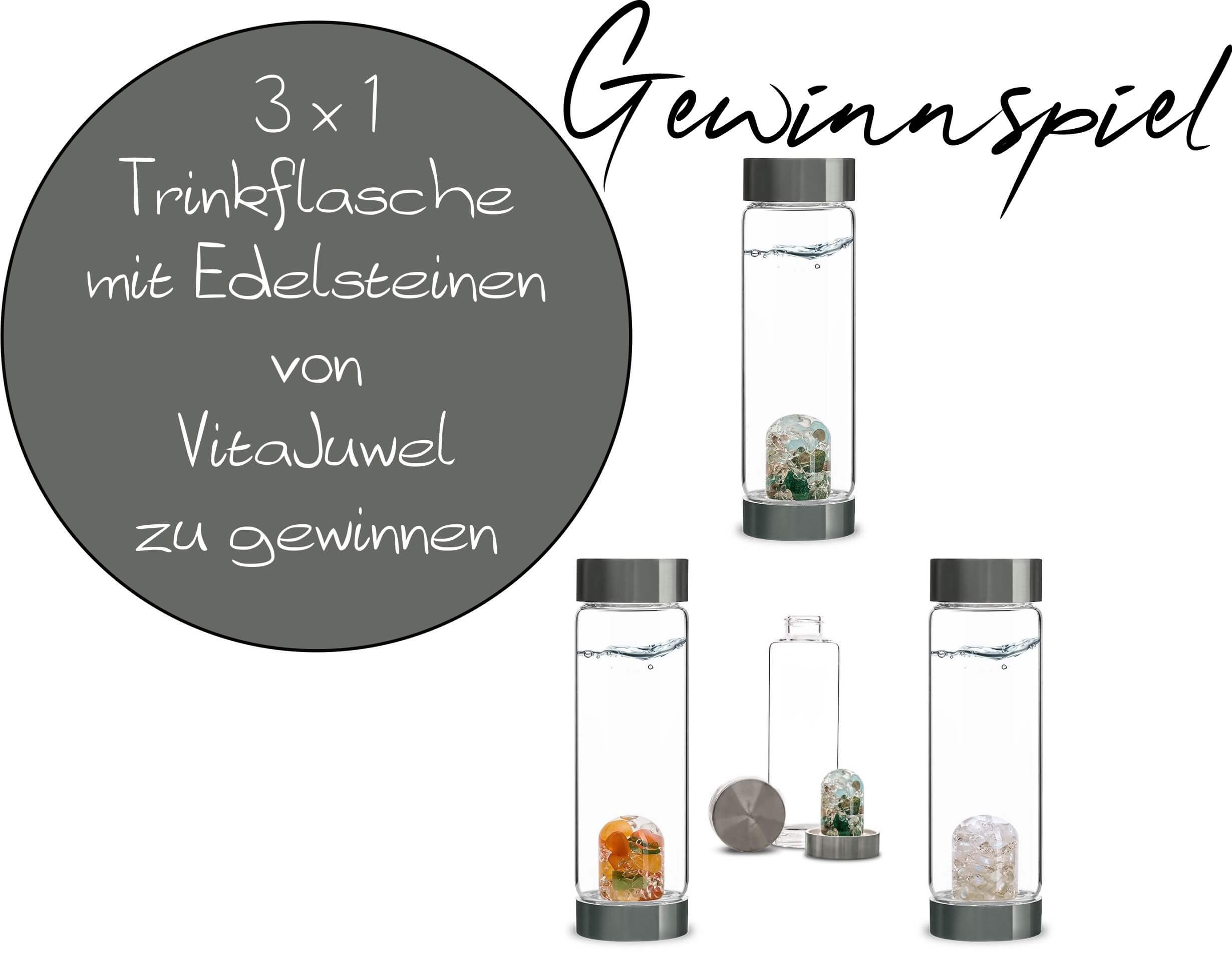 Gewinnspiel - Edelsteinwasser mit VitaJuwel - Hochwertige Trinkflasche VIA FOREVER YOUNG und Dosierspender Pump! Happiness - 3 x 1 Trinkflasche zu gewinnen